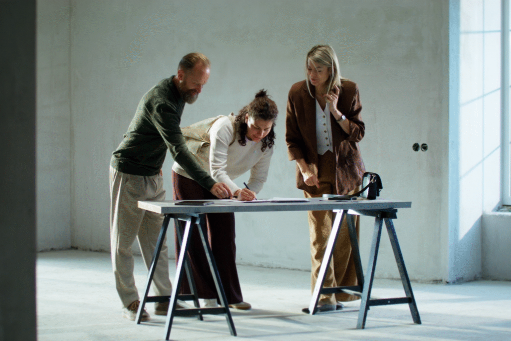 Team discussing project design using consultancy services