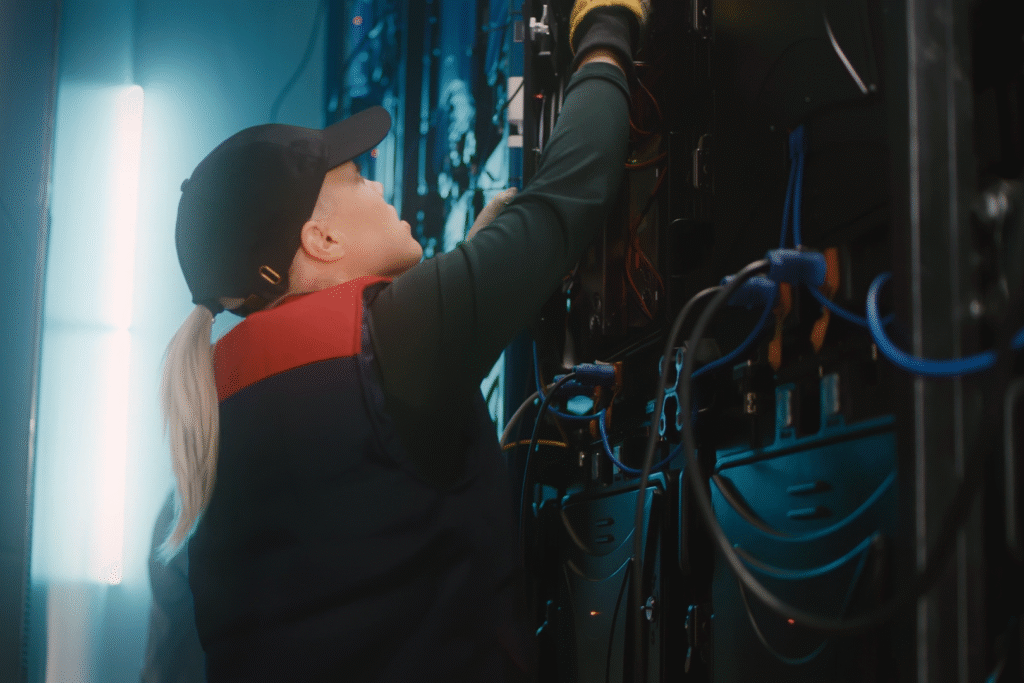 Engineer maintaining installed, rack-mounted system