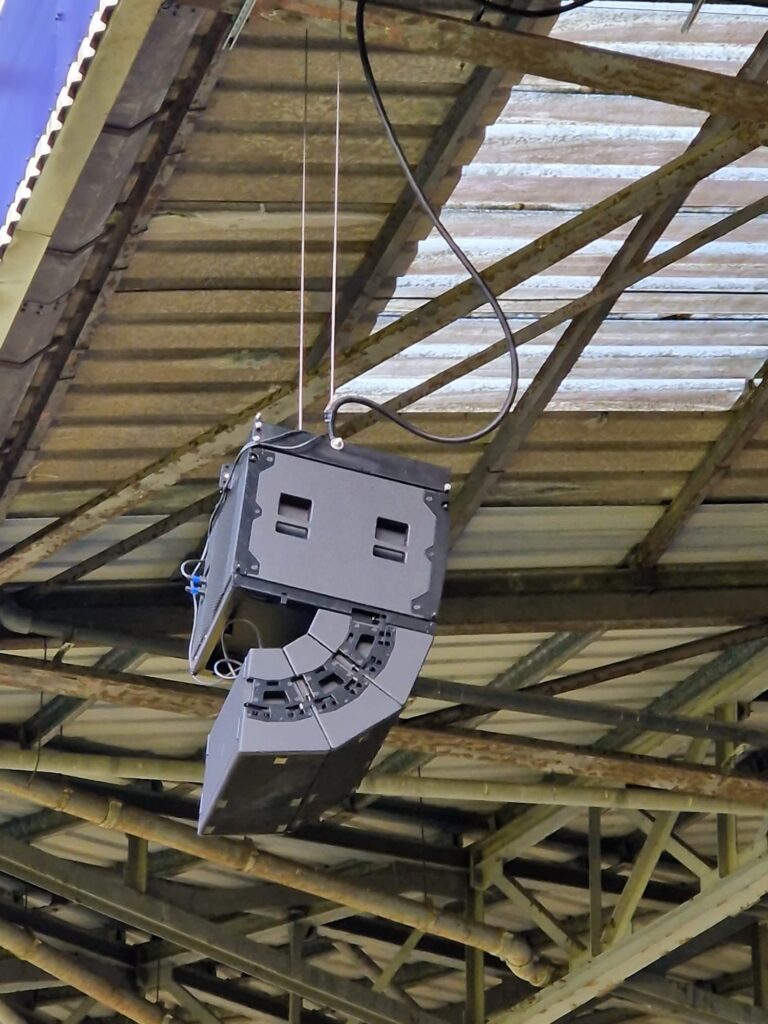 Martin Audio’s TORUS speaker arrays being raised in the stands of Leeds United Football Club's (LUFC) Elland Road stadium without lifting equipment